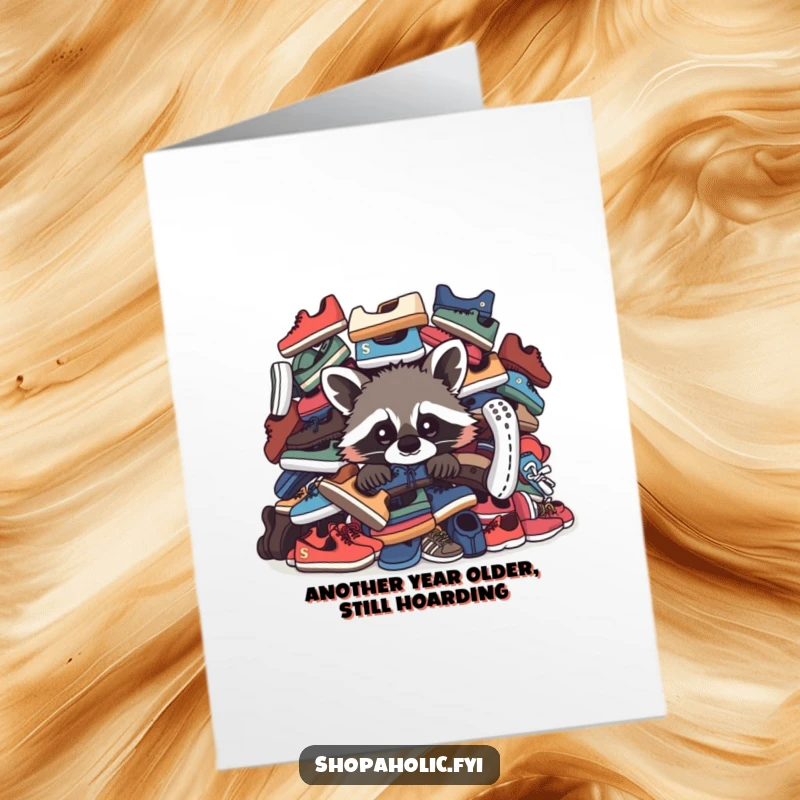 Funny free printable birthday card with a curious raccoon peeking from a massive shoe pile, ready to celebrate.