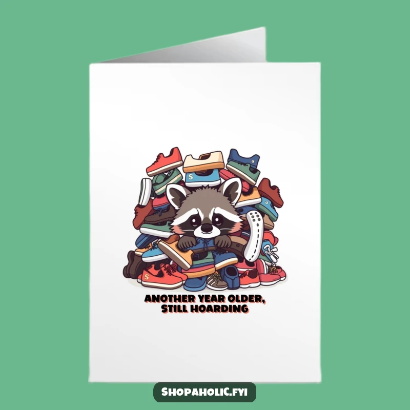 Free Printable Birthday Card: Curious Raccoon Shoe Lover - Funny Downloadable Gift
