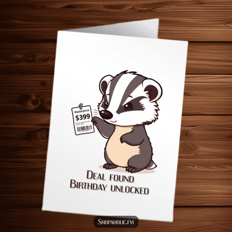 Funny Free Printable Birthday Card: A determined badger examines a price tag with a satisfied nod, ready for a bargain.