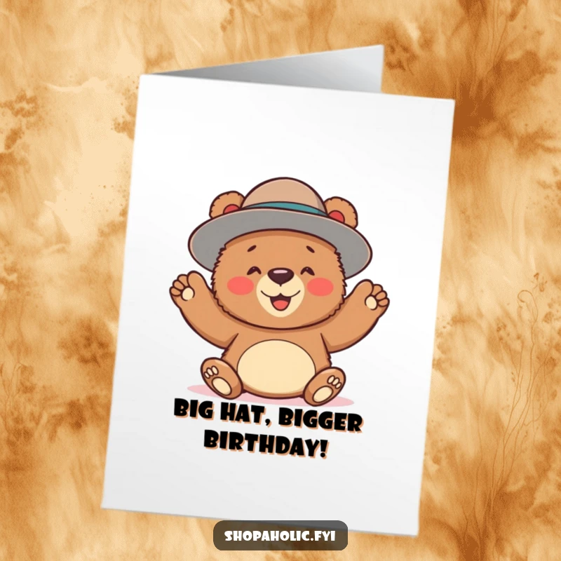 Funny Free Printable Birthday Card: Playful bear gleefully trying on a ridiculously oversized hat, perfect for birthday wishes.