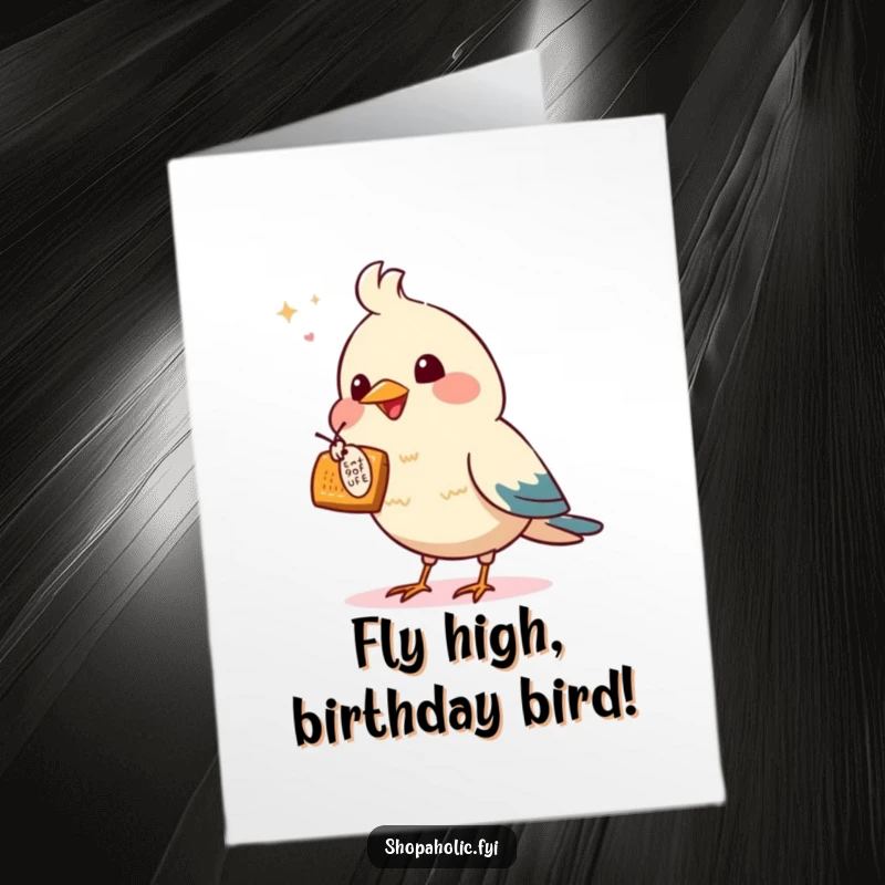 Funny Free Printable Birthday Card: An enthusiastic bird joyfully pointing a wing at a tempting offer, celebrating a special day.
