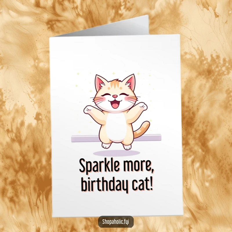 Funny Free Printable Birthday Card: A cheerful cat bounces with joy before a dazzling, glittering display.