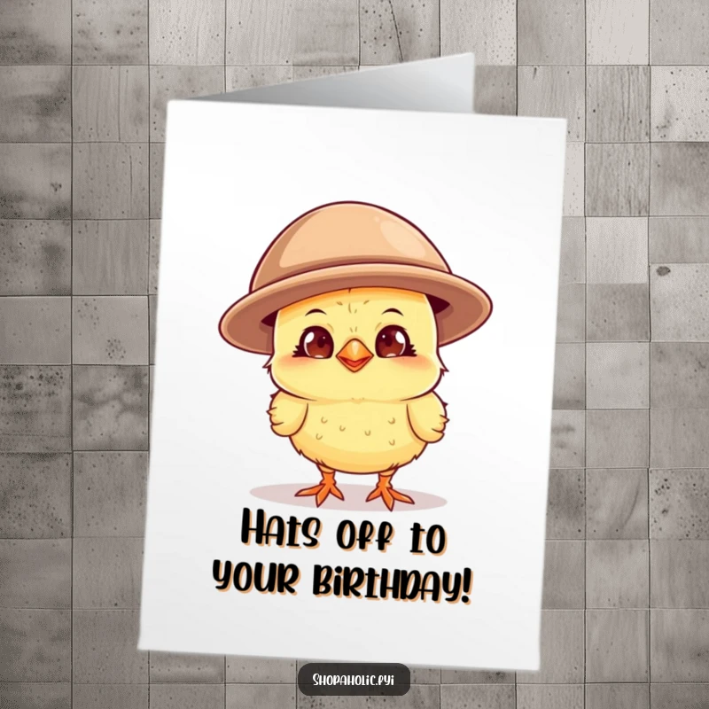 Funny Free Printable Birthday Card: A chick beams with joy while wearing a comically oversized hat.