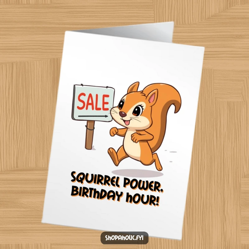Funny Free Printable Birthday Card: Determined squirrel sprints toward a sale sign, paws flying, ready to shop til they drop.