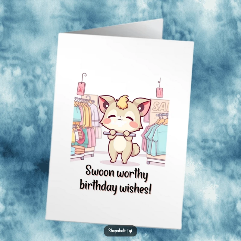 Funny Free Printable Birthday Card: A cartoon creature dramatically swoons over a clothing sale rack.