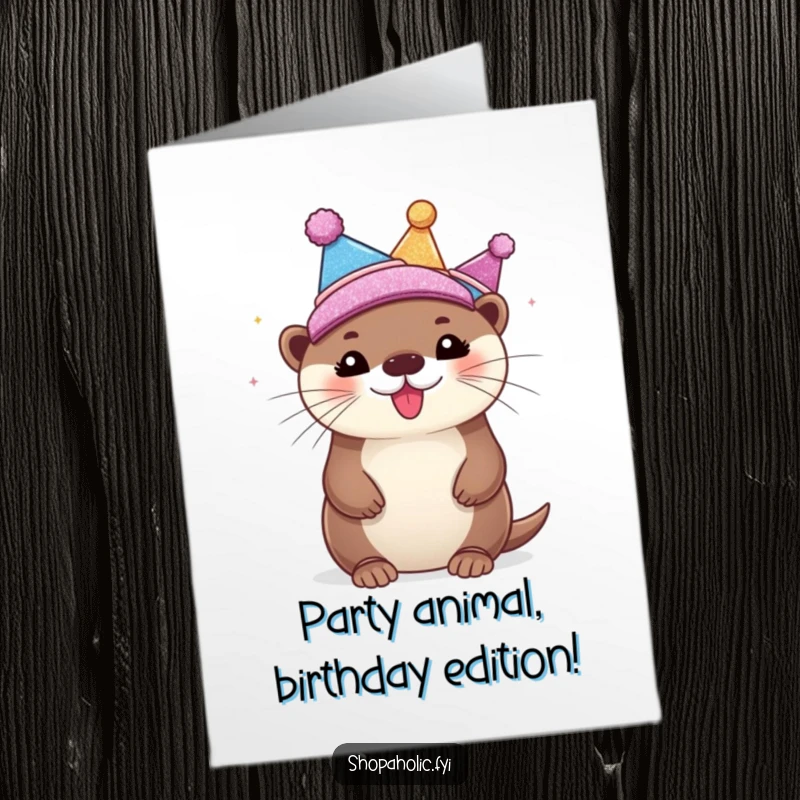Funny Free Printable Birthday Card: Bubbly otter joyfully tries on sparkly hats, spreading birthday cheer. A delightful downloadable design.