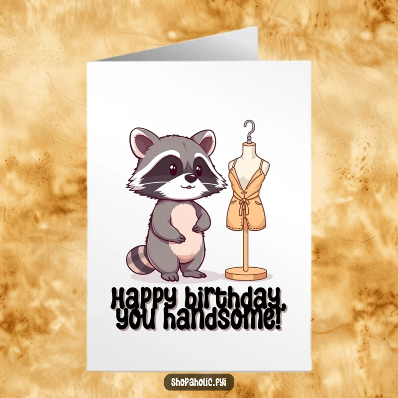 Funny Free Printable Birthday Card: Mischievous raccoon checks out its reflection in a shop window mannequin.