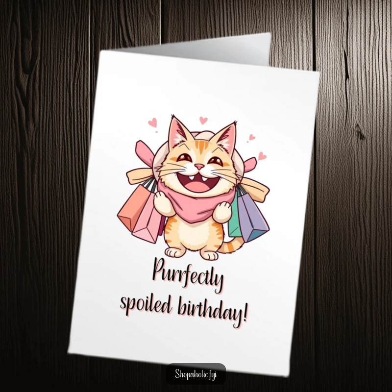 Funny Free Printable birthday card: a grinning cat overflows with shopping bags, a DIY downloadable gift for shoppers.