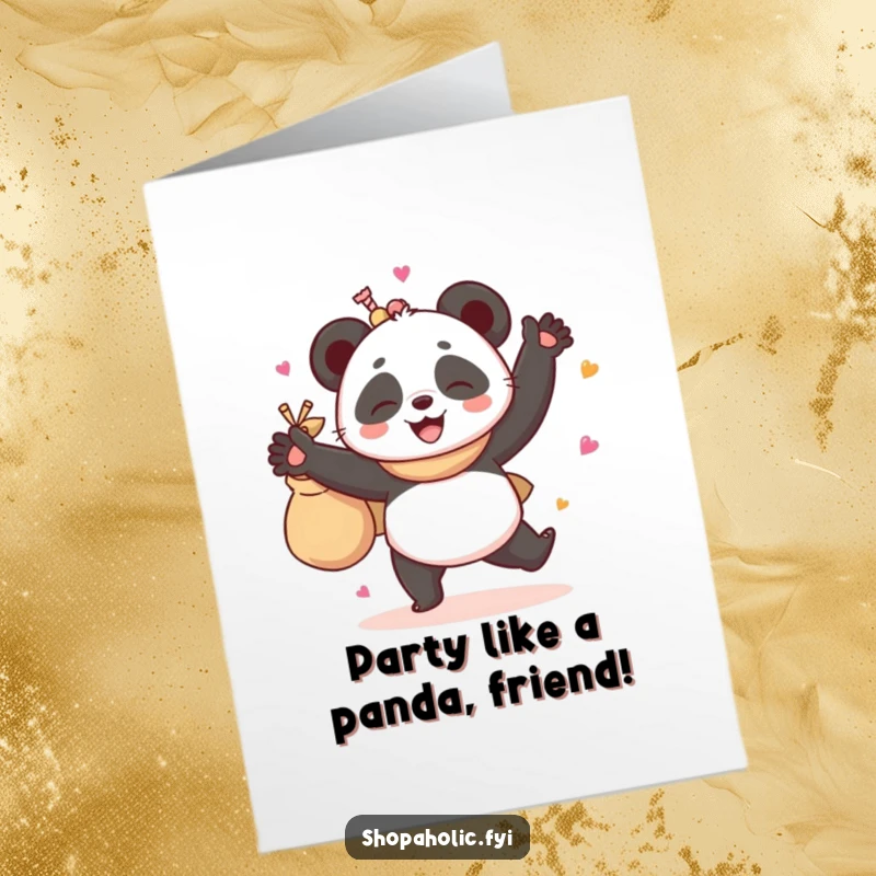 Funny Free Printable Birthday Card: Giggling panda joyfully dances, clutching a bag of goodies, ready to celebrate.