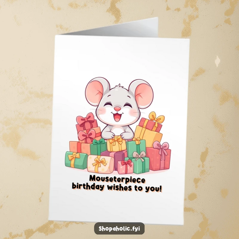 Funny Free Printable Mouse Birthday Card: Giggling tiny rodent gleefully sits atop a mountain of presents, ready for fun.