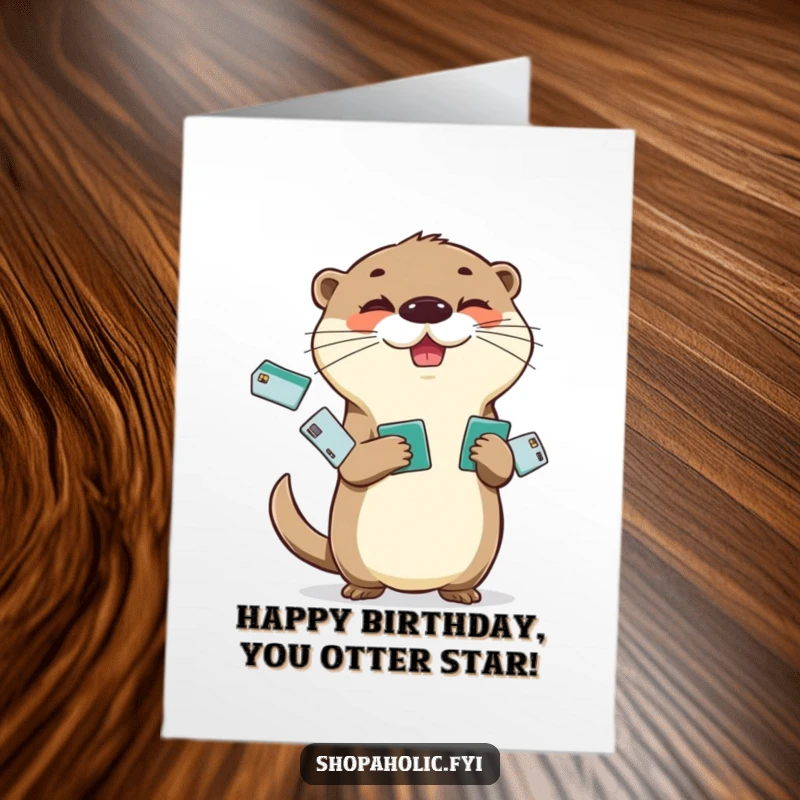 Funny Free Printable Birthday Card: Cheerful otter juggling credit cards with a mischievous glint, celebrating big.