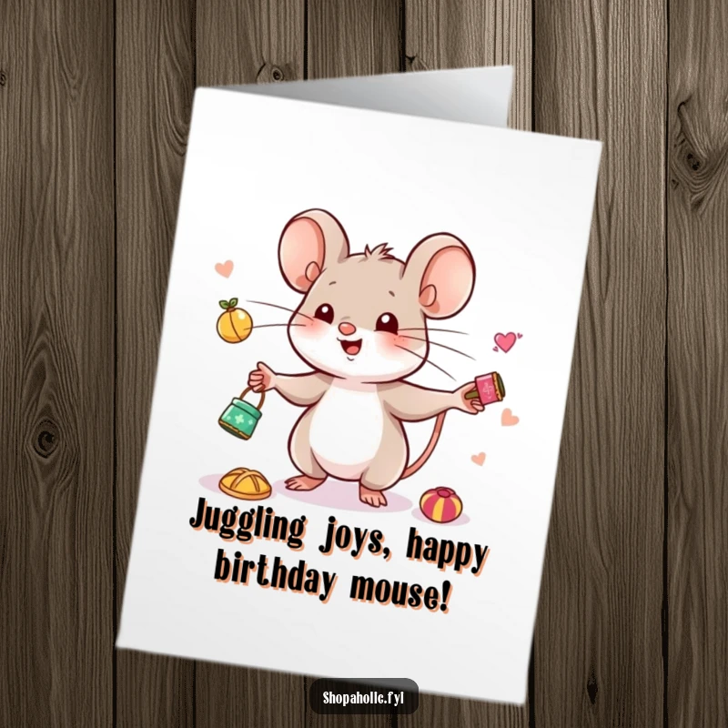 Funny Free Printable Birthday Card: A cute mouse happily juggles various small, shiny, desirable trinkets.