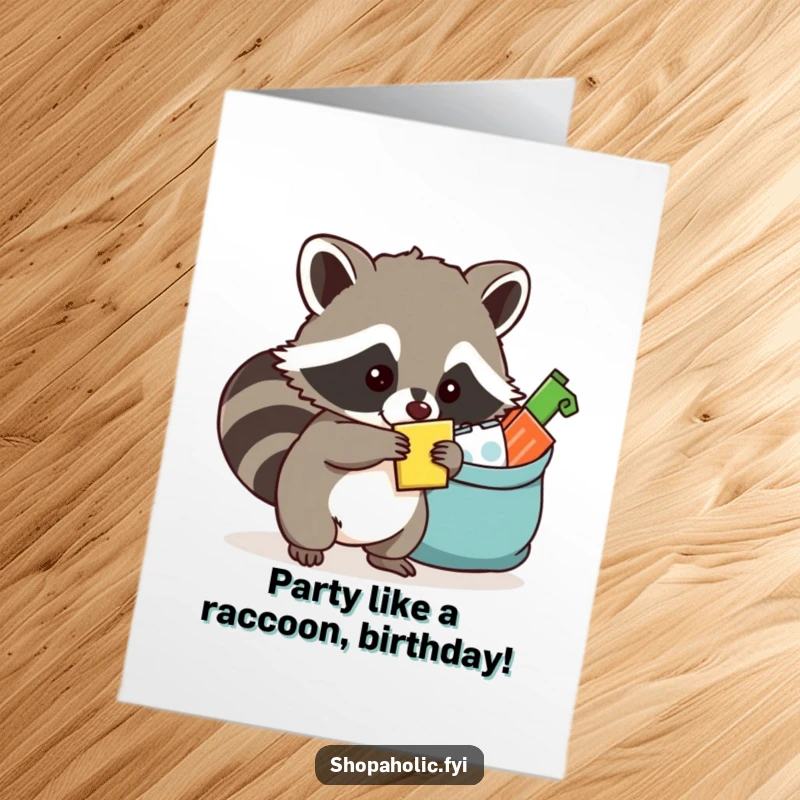 Funny Free Printable Birthday Card: Mischievous raccoon attempts to cram a shiny object into an already overflowing bag.