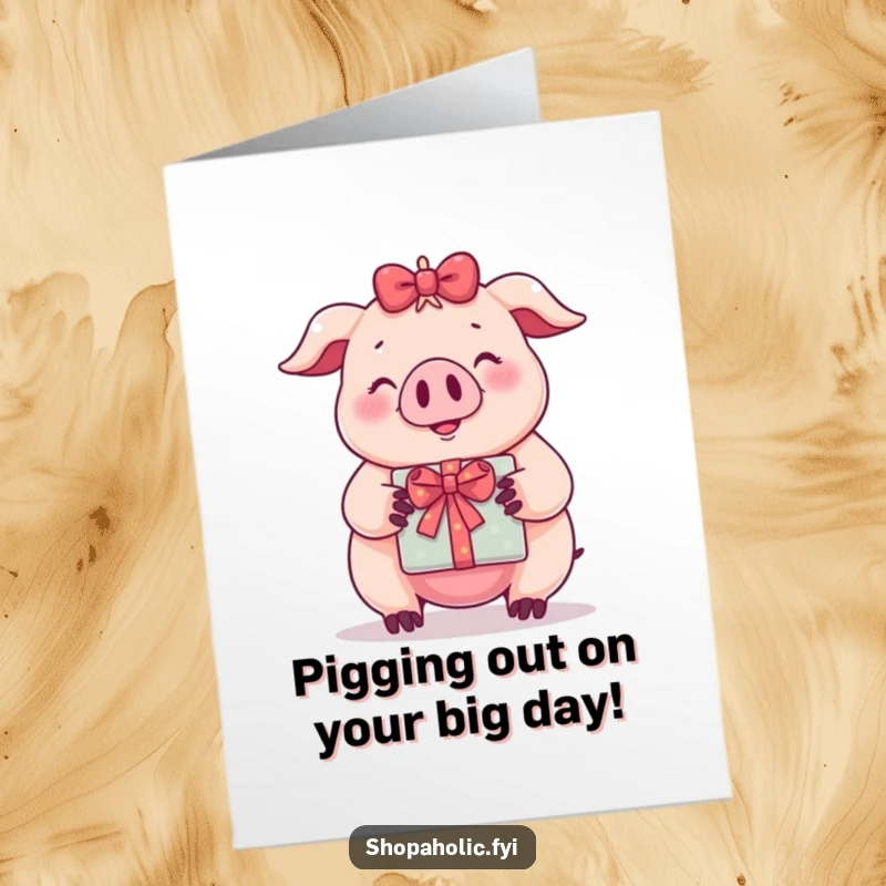 Funny Free Printable Birthday Card: A pig grins widely, holding a wrapped gift, perfect for a humorous celebration.