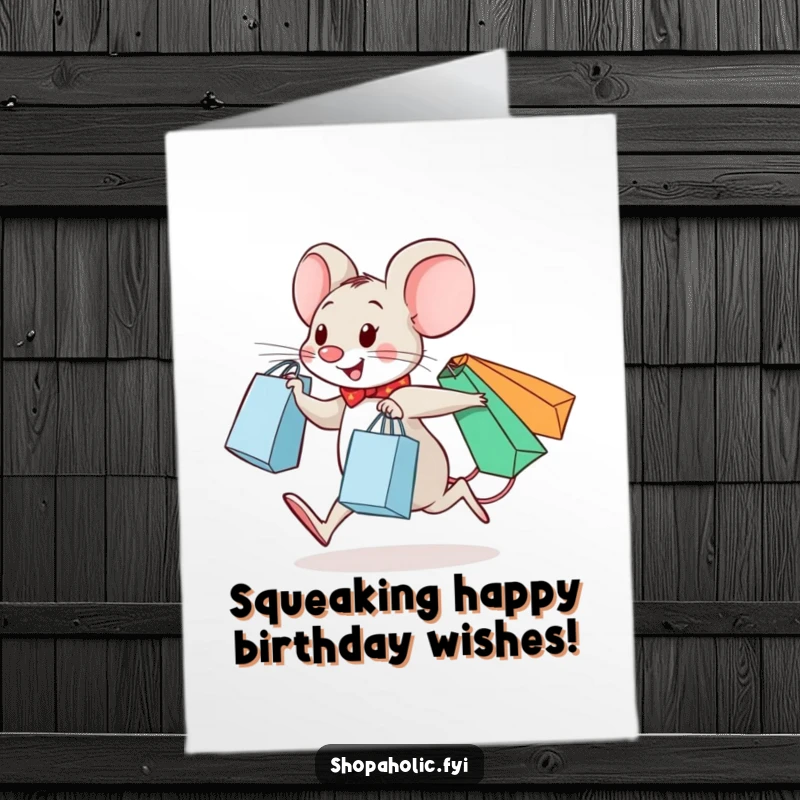 Funny Free Printable Birthday Card: A cheerful mouse joyfully skips, laden with three full shopping bags.