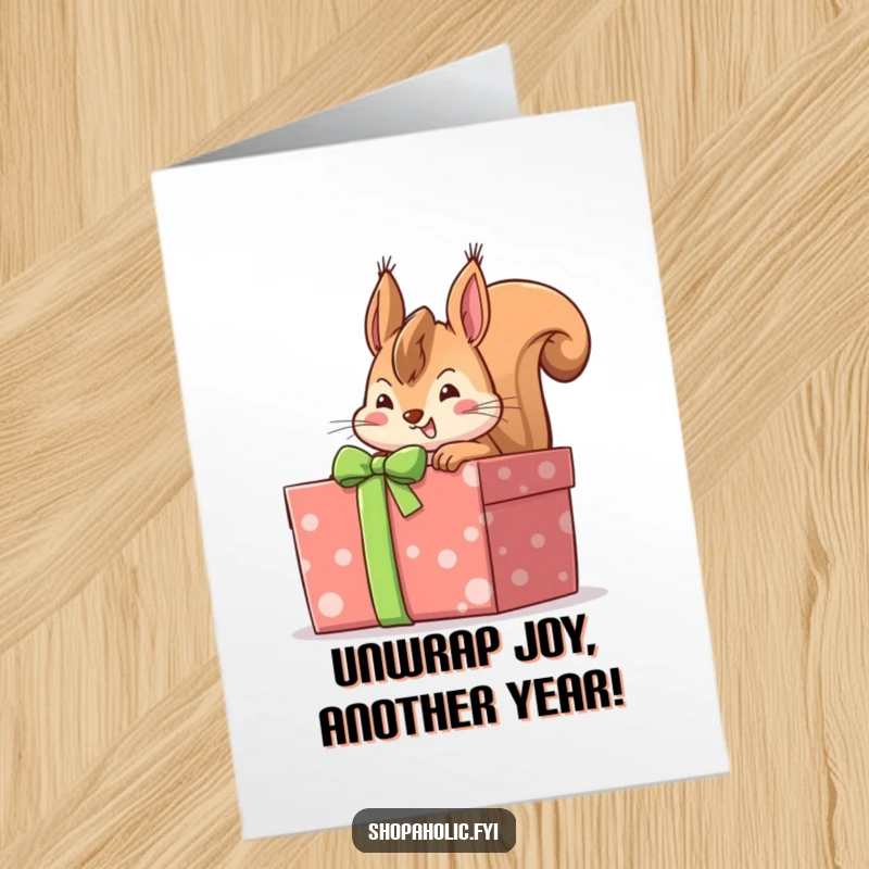 Funny Free Printable Birthday Card: A cheerful squirrel peeks with delight into a large, beautifully wrapped gift box.