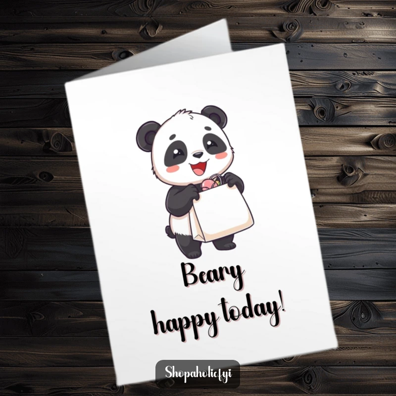 Funny Free Printable Congrats Card: A delighted panda bear clutches an overflowing shopping bag, clearly thrilled with its purchases.