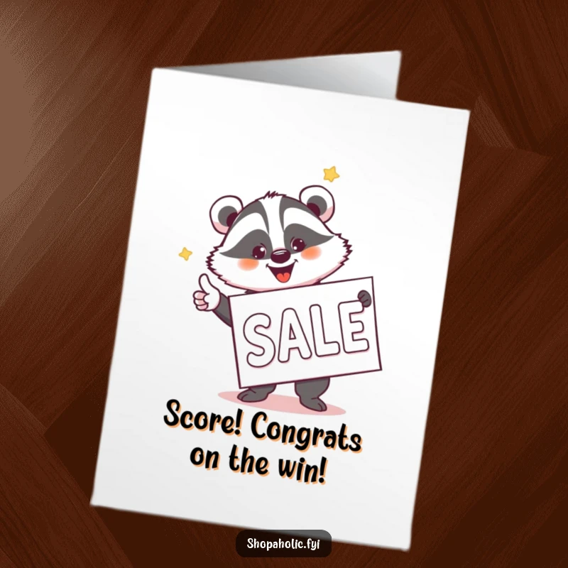 Funny Free Printable Congratulations Card: A jovial badger enthusiastically points towards a massive sale banner, celebrating bargains.