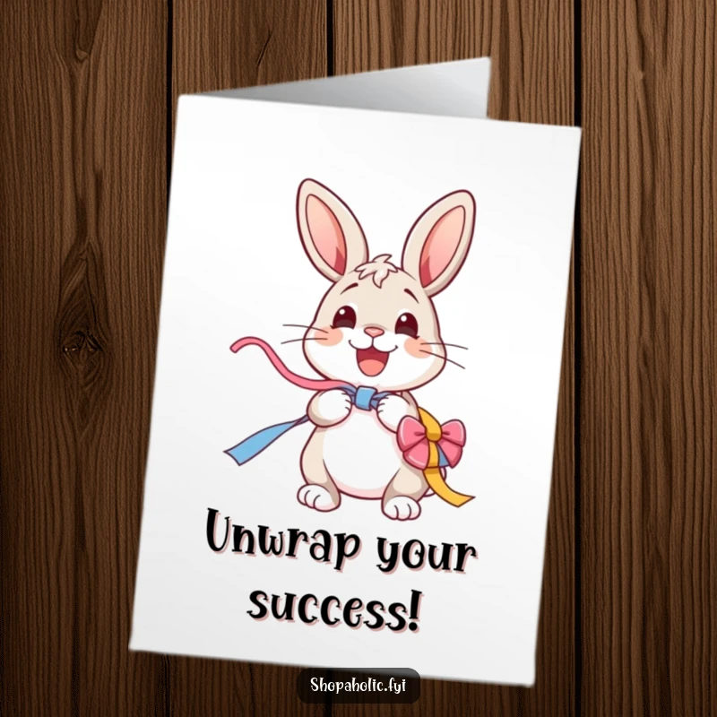 Funny Free Printable Congratulations Card: A happy bunny enthusiastically unwrapping a vibrant ribbon, signifying a joyous occasion.