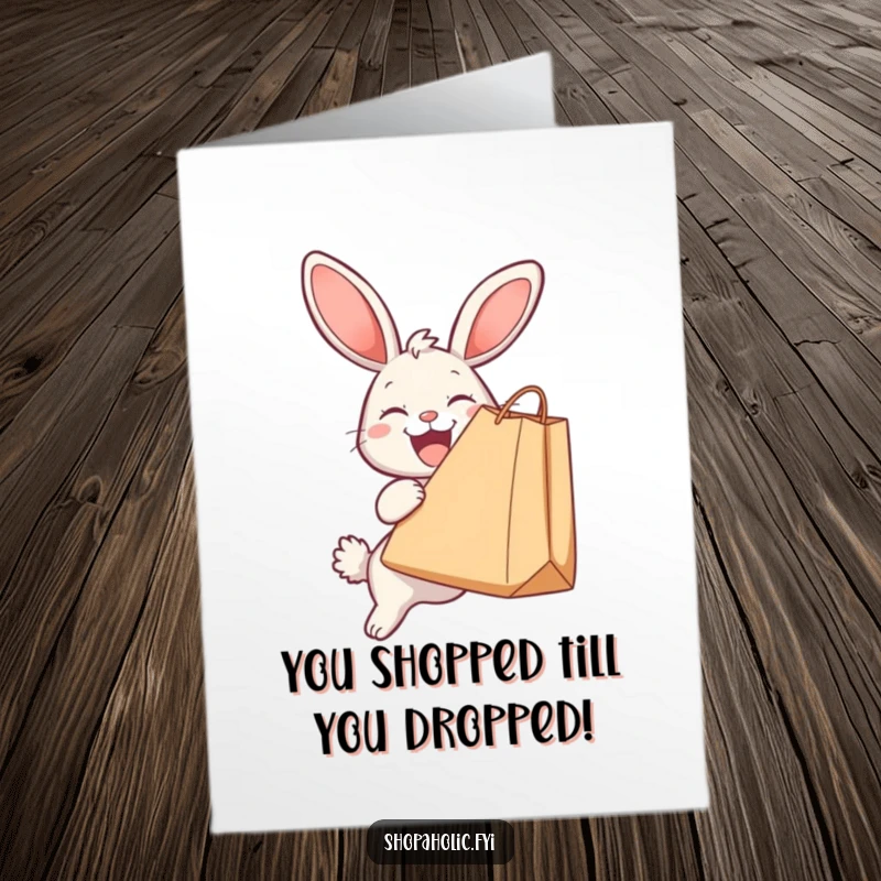 Funny Free Printable Congratulations Card: Delighted bunny clutching a giant shopping bag, smiling widely, celebrating success humorously.