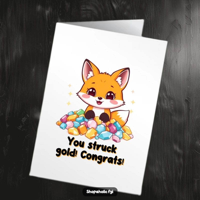 Funny Free Printable Congratulations Card: A happy fox with wide eyes gazes upon a pile of glittering jewels, symbolizing a wonderful achievement.