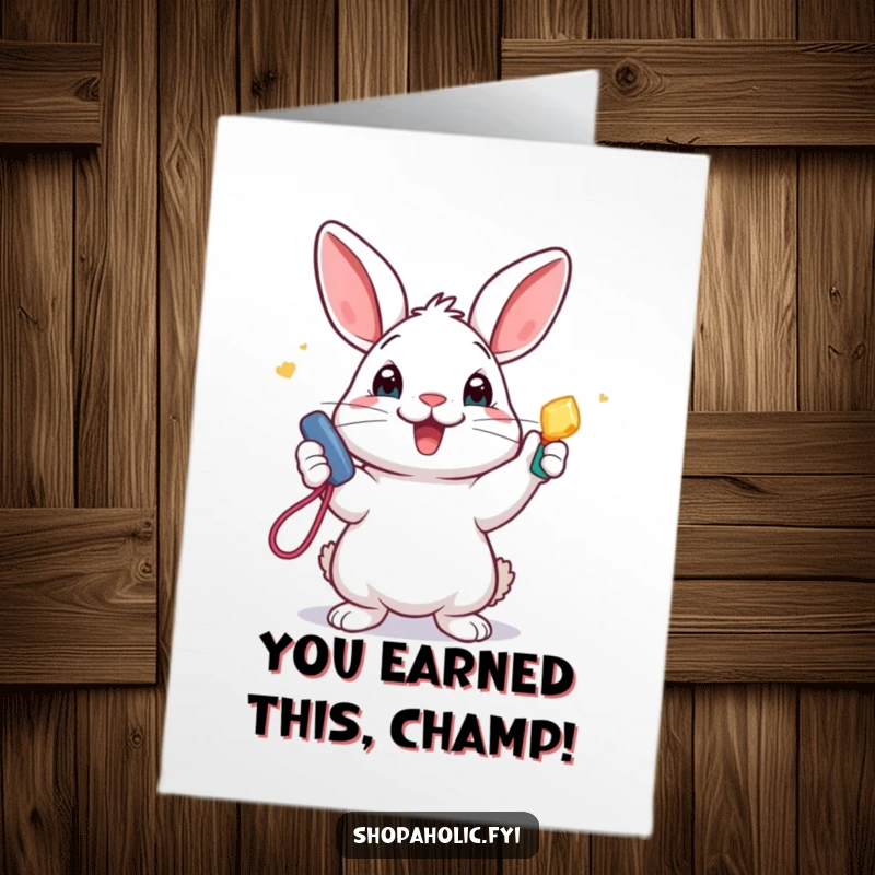 Funny Free Printable Congratulations Card: Rabbit triumphantly holding a shiny new accessory, pure delight.