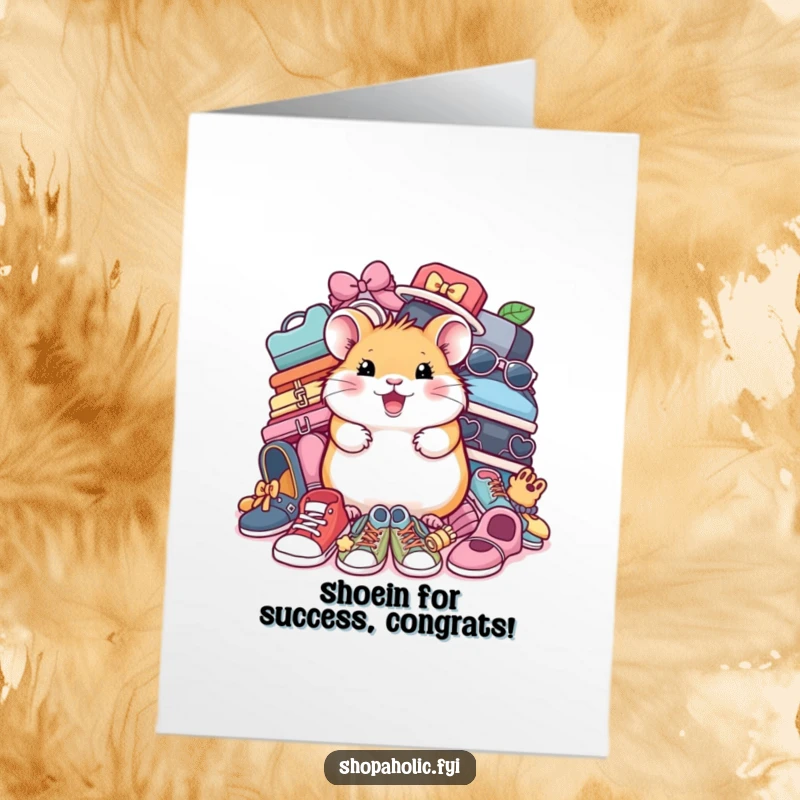 Funny Free Printable Congrats Card: Cheerful hamster poses with many shoes and accessories, celebrating a win.
