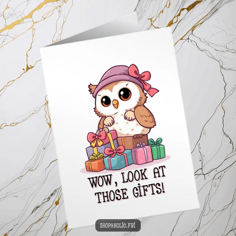 Funny Free Printable Congratulations Card: An inquisitive owl peering out from a large stack of wrapped gifts, observing the celebration.
