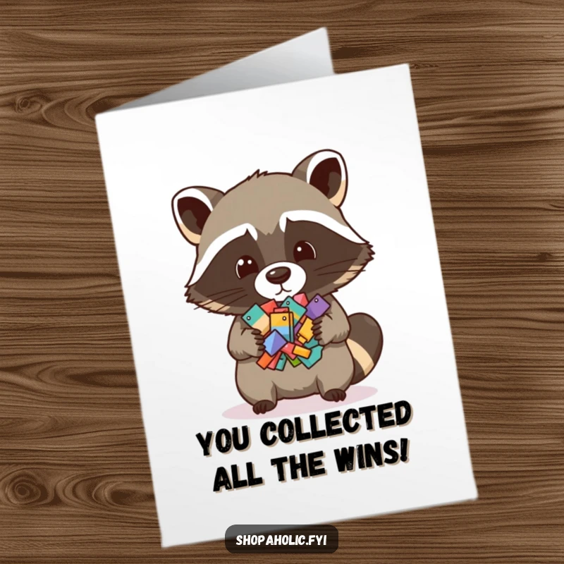 Funny Free Printable Congratulations Card: Mischievous raccoon balancing a stack of small items, celebrating success with humor.
