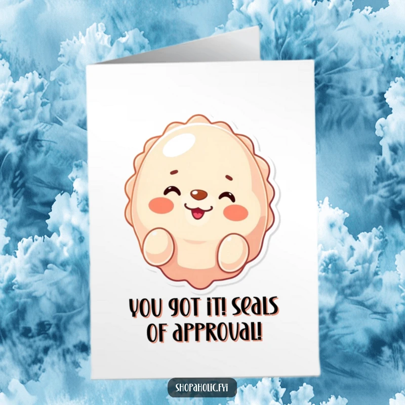 Funny Free Printable Congratulations Card: Winking seal smiling, presenting a fabulous shiny new purchase.