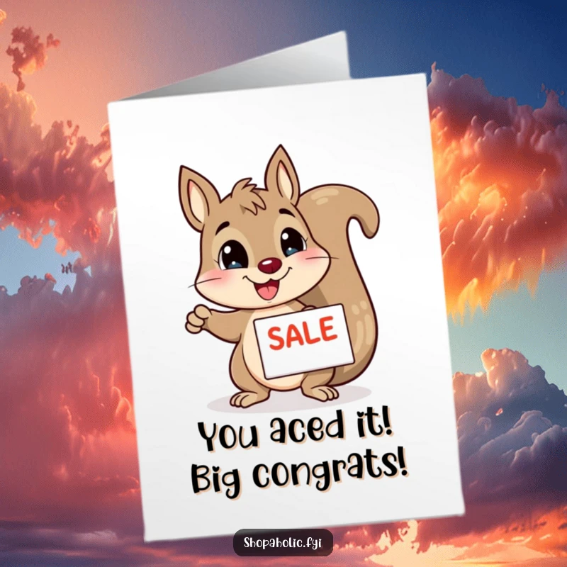 Funny Free Printable Congratulations Card: Excited squirrel pointing to a sale, celebrating good news with enthusiasm.