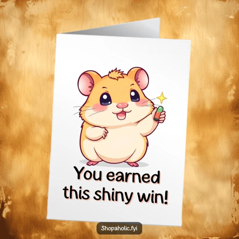 Funny Free Printable Congratulations Card showcasing a giddy hamster with wide eyes, desperately reaching for a shiny prize.