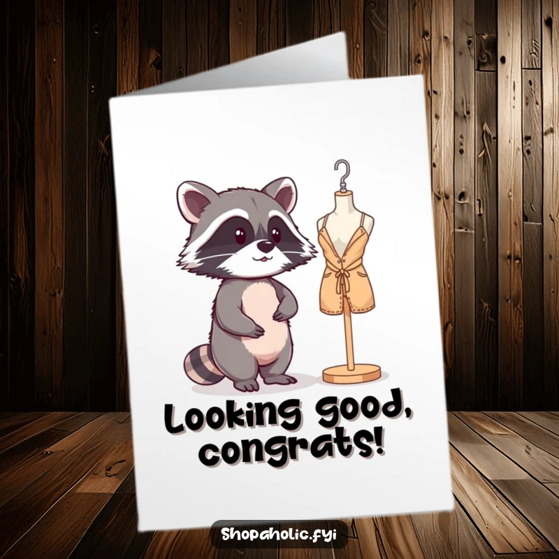 Funny Free Printable Congrats Card: Mischievous raccoon admires its reflection in a mannequin, celebrating style.