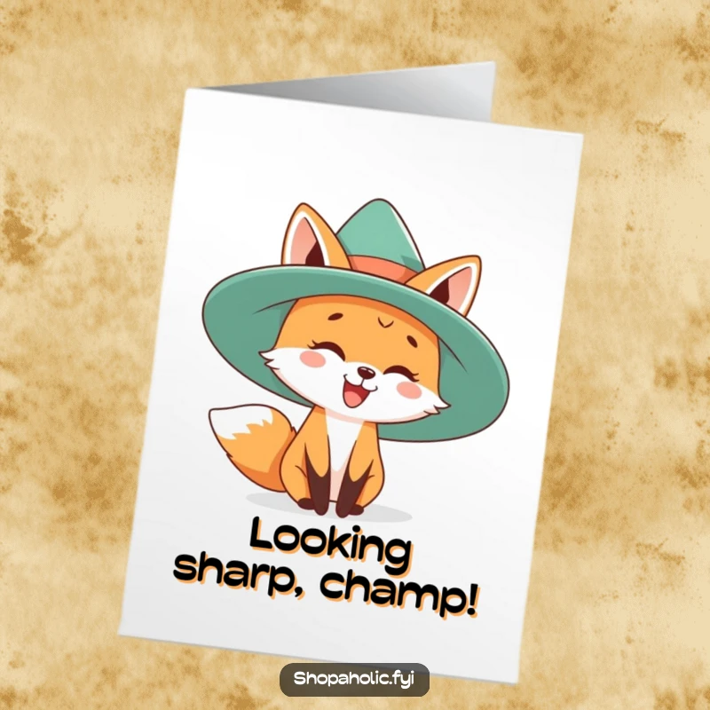 Funny Free Printable Congratulations Card: A happy fox sports a ridiculously large hat, celebrating a grand success.