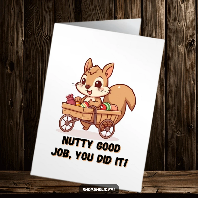 Funny Free Printable Congratulations Card: A focused squirrel character pulls a small cart packed high with celebratory items.
