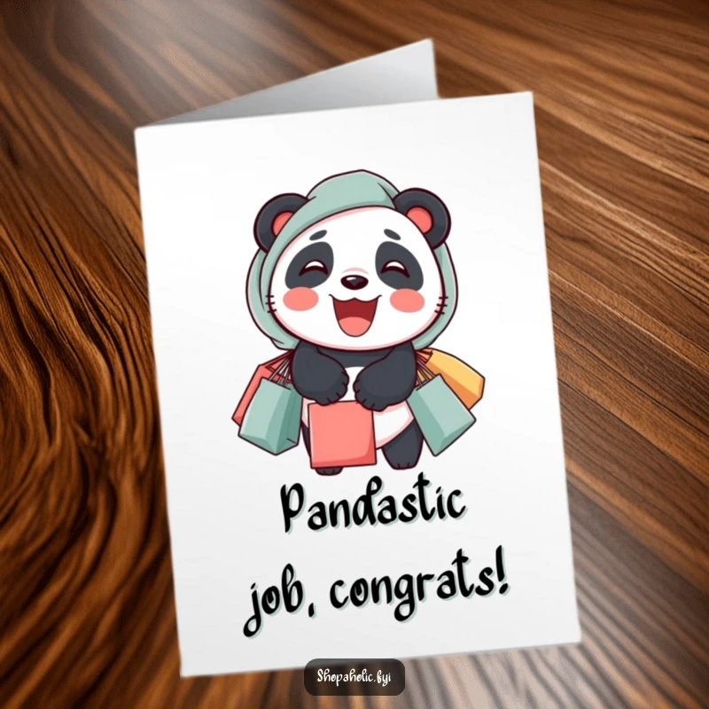 Funny Free Printable Congrats Card: Delighted panda with overflowing shopping bags, a cheerful grin, celebrating success, print at home.