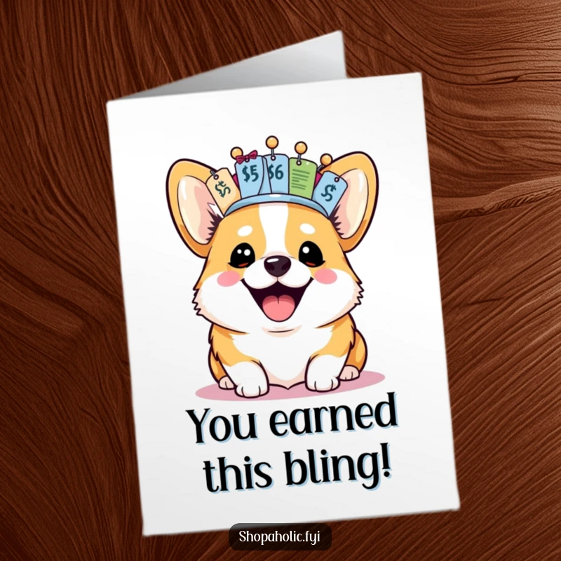 Funny free printable congratulations card with a regal corgi wearing a crown crafted from price tags, celebrating success.
