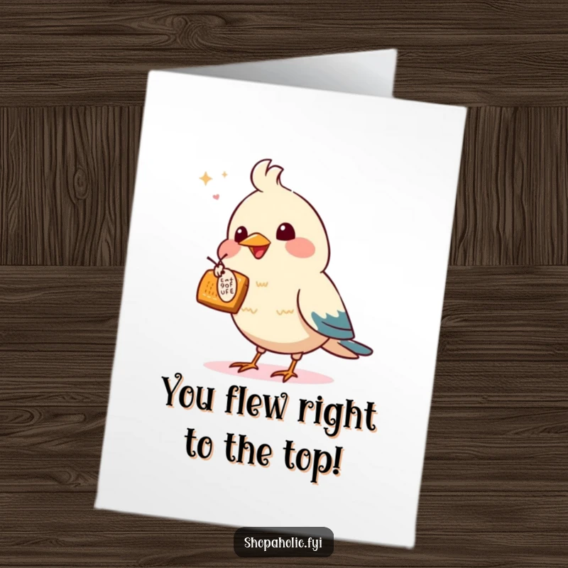 Funny Free Printable Congratulations Card: An energetic bird enthusiastically pointing a wing towards a tempting offer, symbolizing great achievements.