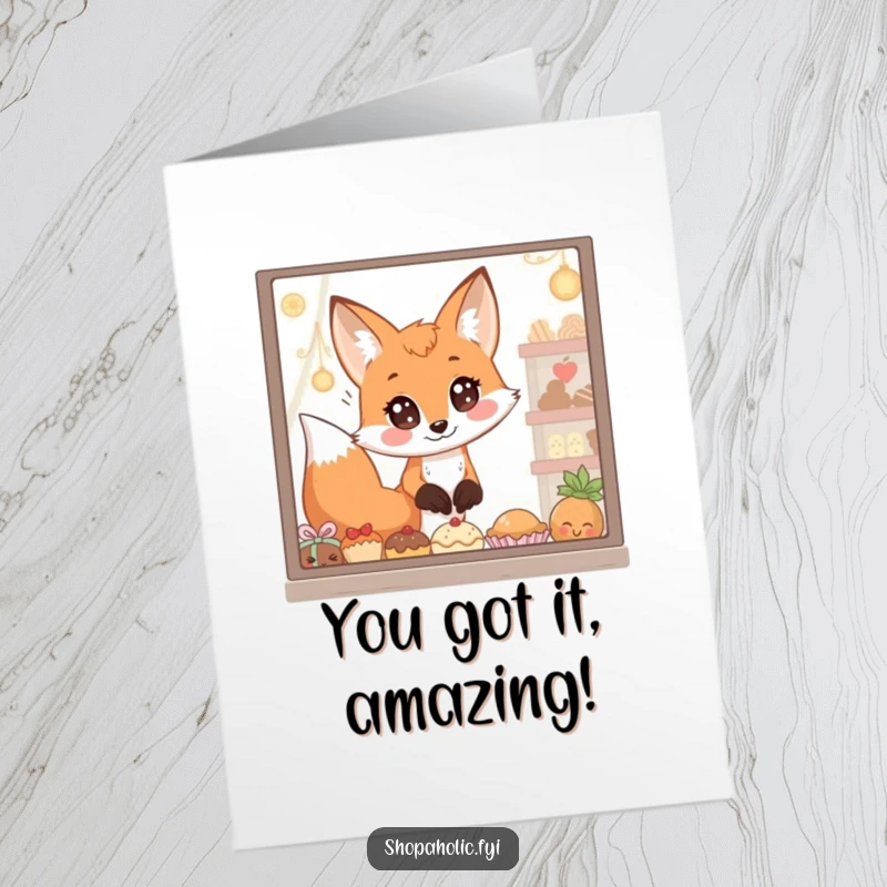 Funny Free Printable Congratulations Card: A fox with wide, hopeful eyes gazing at a window packed with tempting goodies.