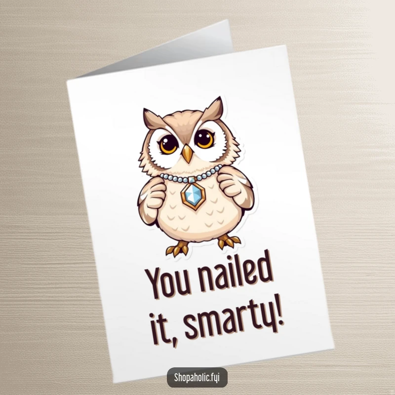 Funny Free Printable Congrats Card: Proud owl proudly displays a shiny new piece of jewelry, celebrating success.