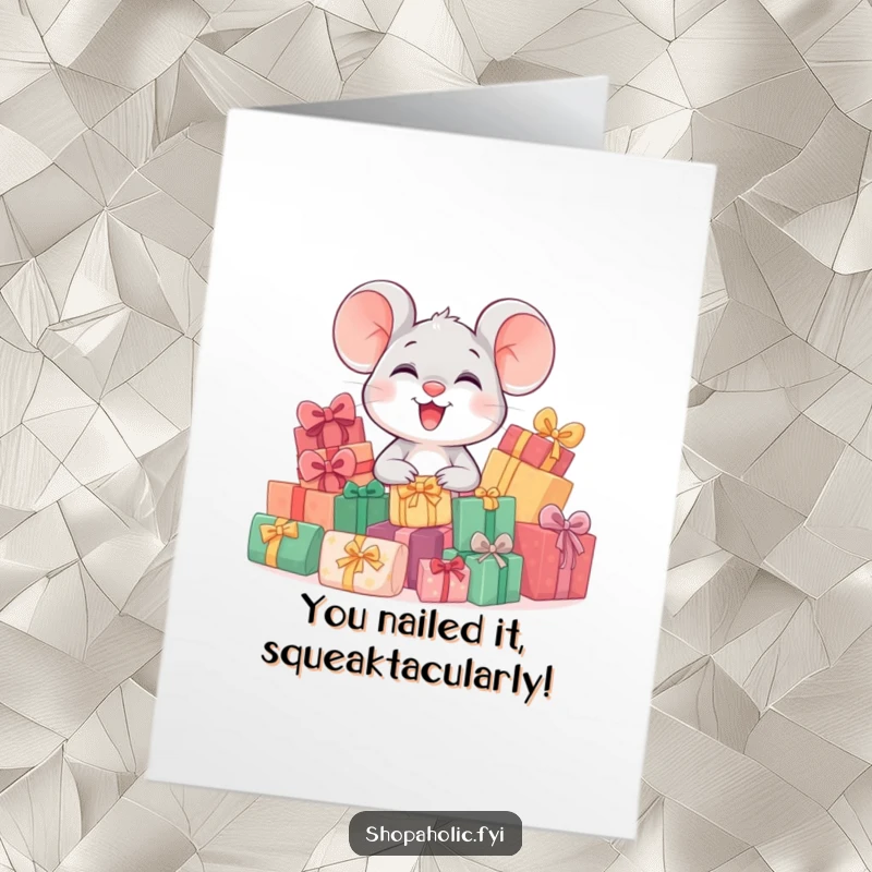 Funny Free Printable Congratulations Card: A giggling mouse rests on a pile of gifts, expressing pure celebratory joy.