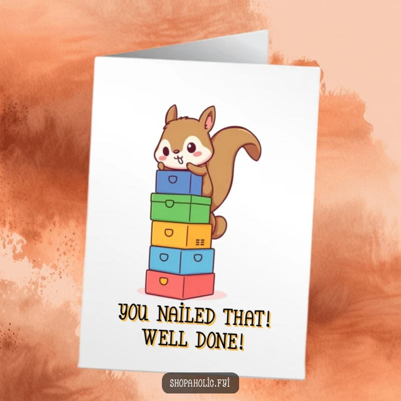 Funny Free Printable Congratulations Card: A determined squirrel expertly balances a precarious tower of colorful, stacked boxes.
