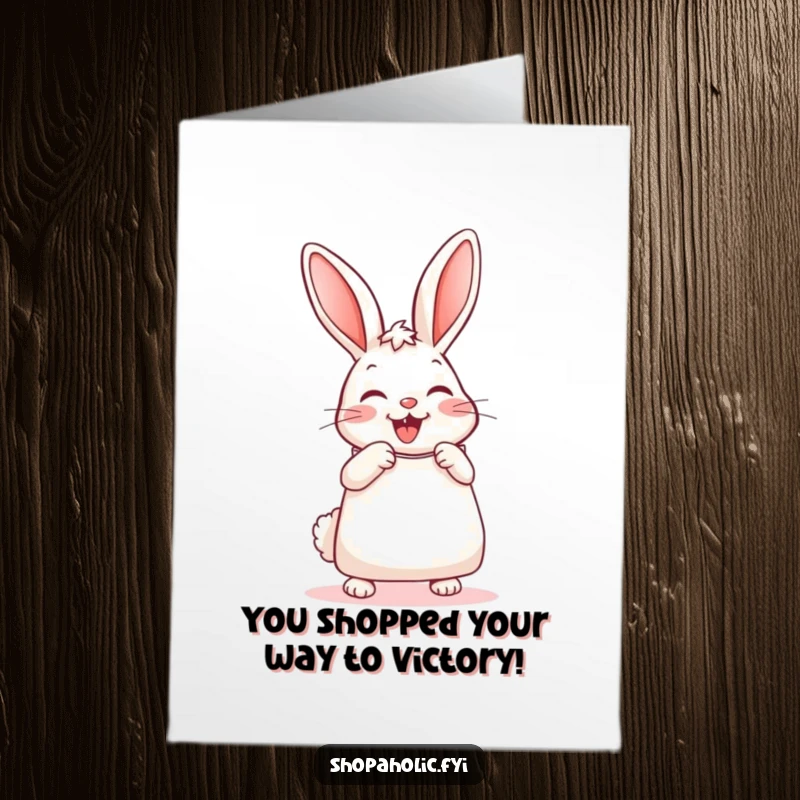 Funny Free Printable Congratulations Card: A delighted bunny clutches an overflowing shopping bag, celebrating a big win.
