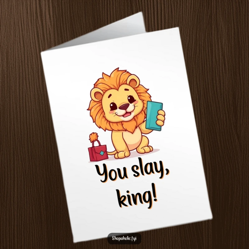 Funny Free Printable Congrats Card: A dignified lion proudly shows off his recent purchase with a grand flourish.