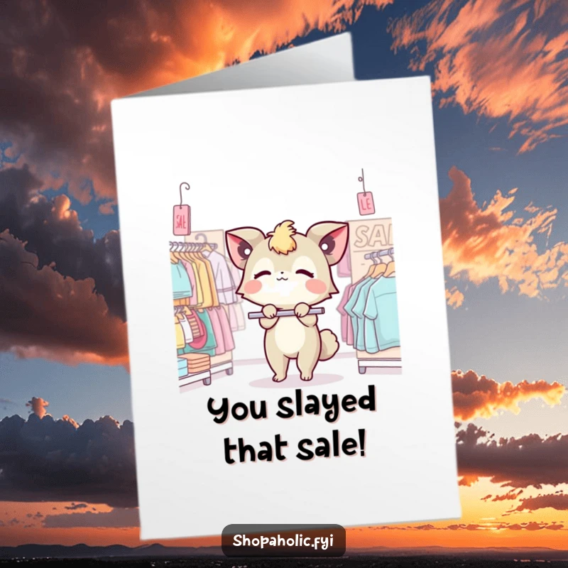Funny Free Printable Congratulations Card: A cute creature hilariously faints in delight at a bargain-filled sale rack.