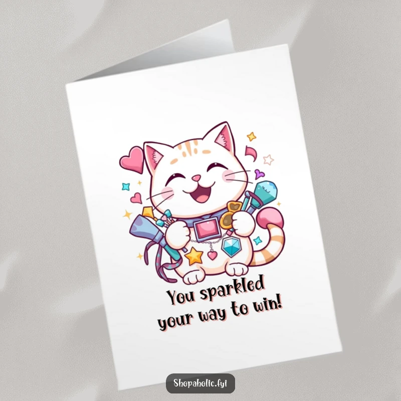 Funny Free Printable Congrats Card: A cheerful cat holding many sparkly accessories, radiating celebratory glamour.