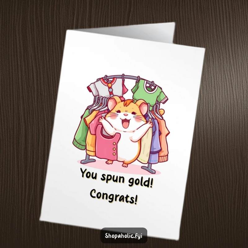Funny Free Printable Congratulations Card: Jovial hamster spinning among colorful clothes, celebrating a stylish success.