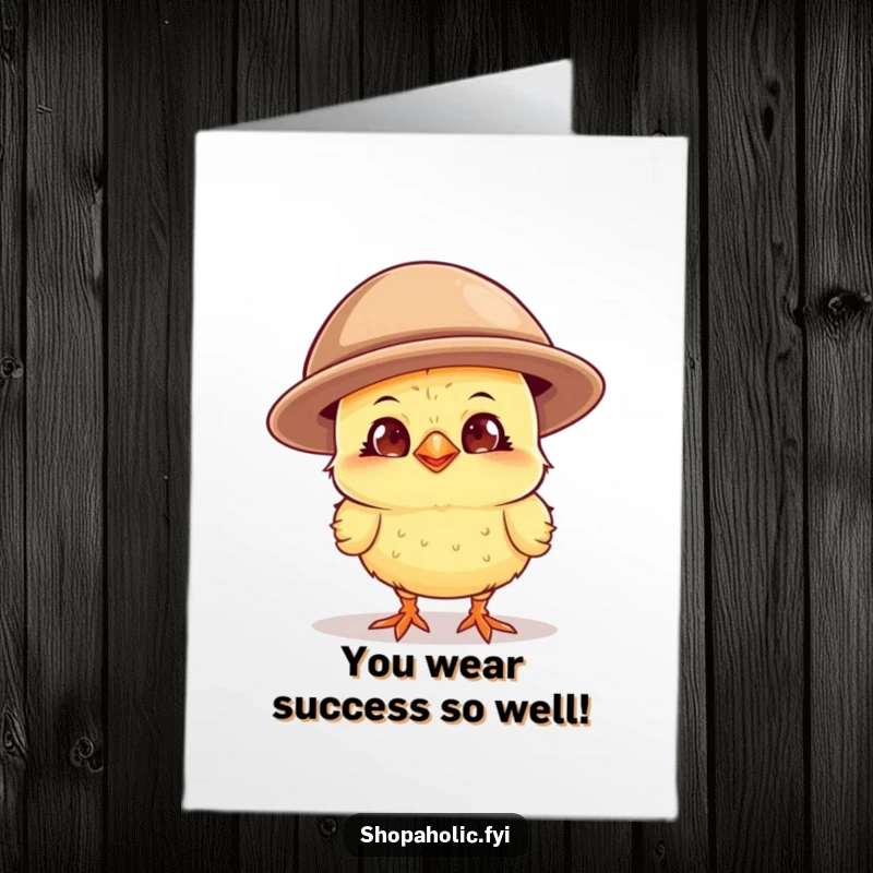 Funny Free Printable Congratulations Card: A chick grins widely while sporting a ridiculously large hat.