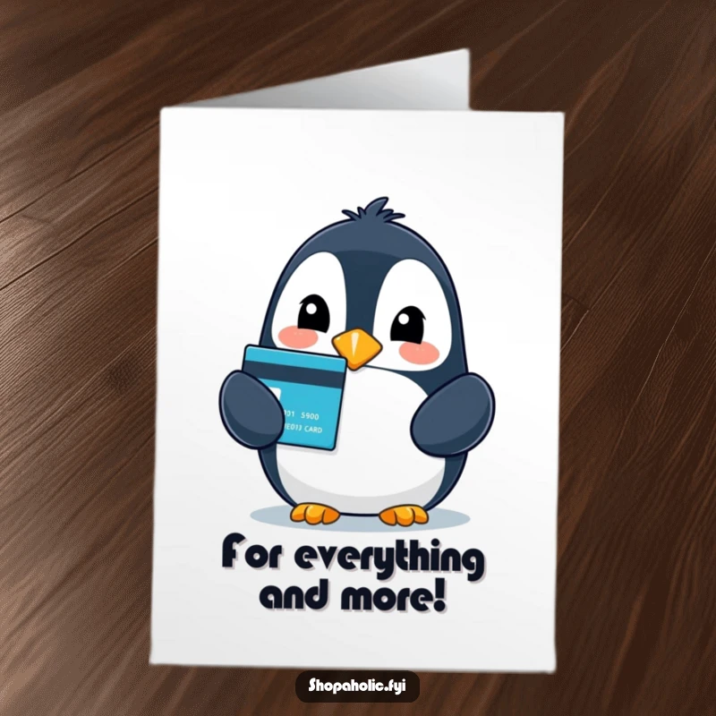 Funny Free Printable Thank You Card: A penguin holds a credit card with pure delight as a thank you.
