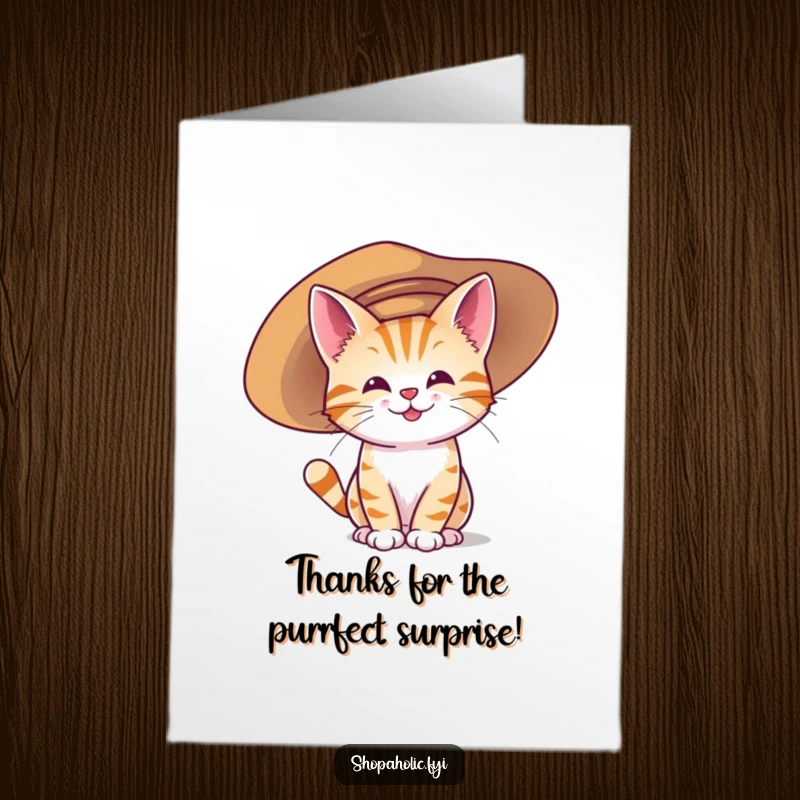 Funny Free Printable Thank You Card featuring a happy cat character sporting a humorously oversized, fashionable hat.